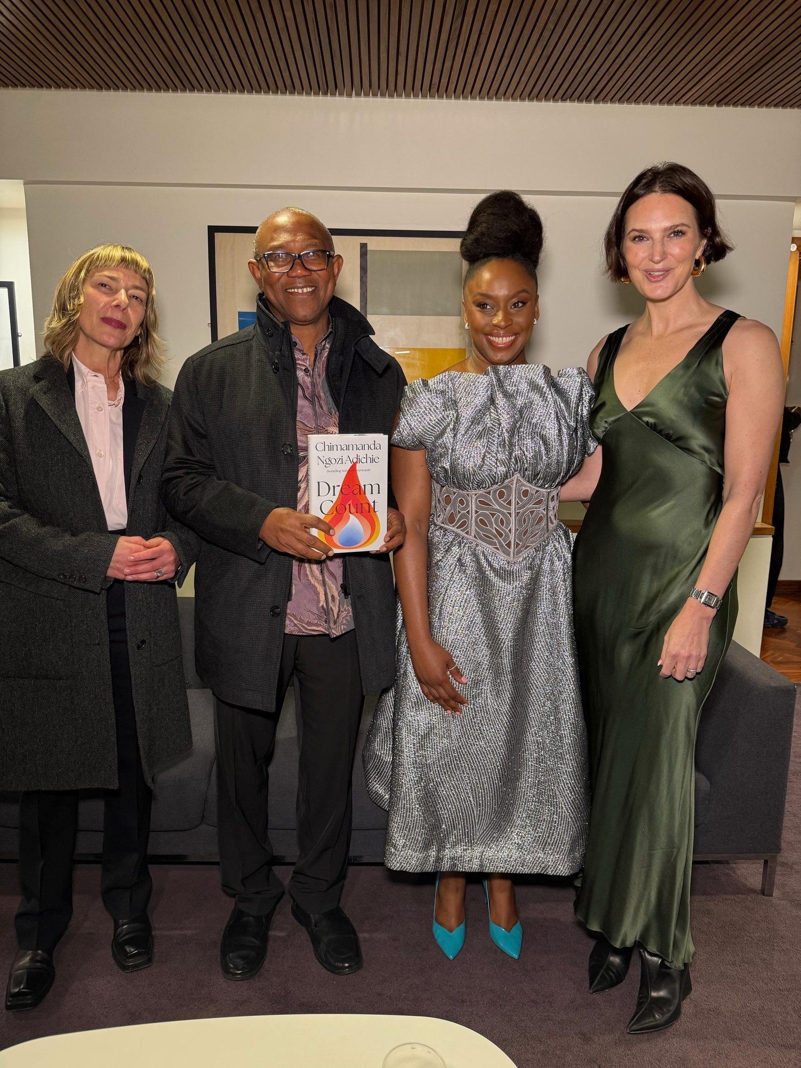L-R: Director at Wylie Agency, Sarah Chalfant; 2023 Labour Party presidential candidate, Peter Obi; author of the book, Chimamanda Ngozi Adichie; and author, broadcaster, and moderator of the Conversation, Elizabeth Day, at the unveiling of Adichie’s latest novel ‘Dream Count’, held at the Royal Festival Hall, Southbank Centre in London, United Kingdom.