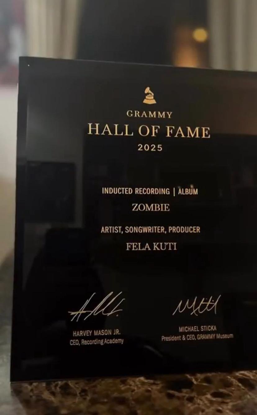 Afrobeat legend Fela Anikulapo-Kuti has been inducted into the 2025 Grammy Hall of Fame for his classic 1976 album, Zombie (PHOTO CREDIT: Femi Kuti on X post)