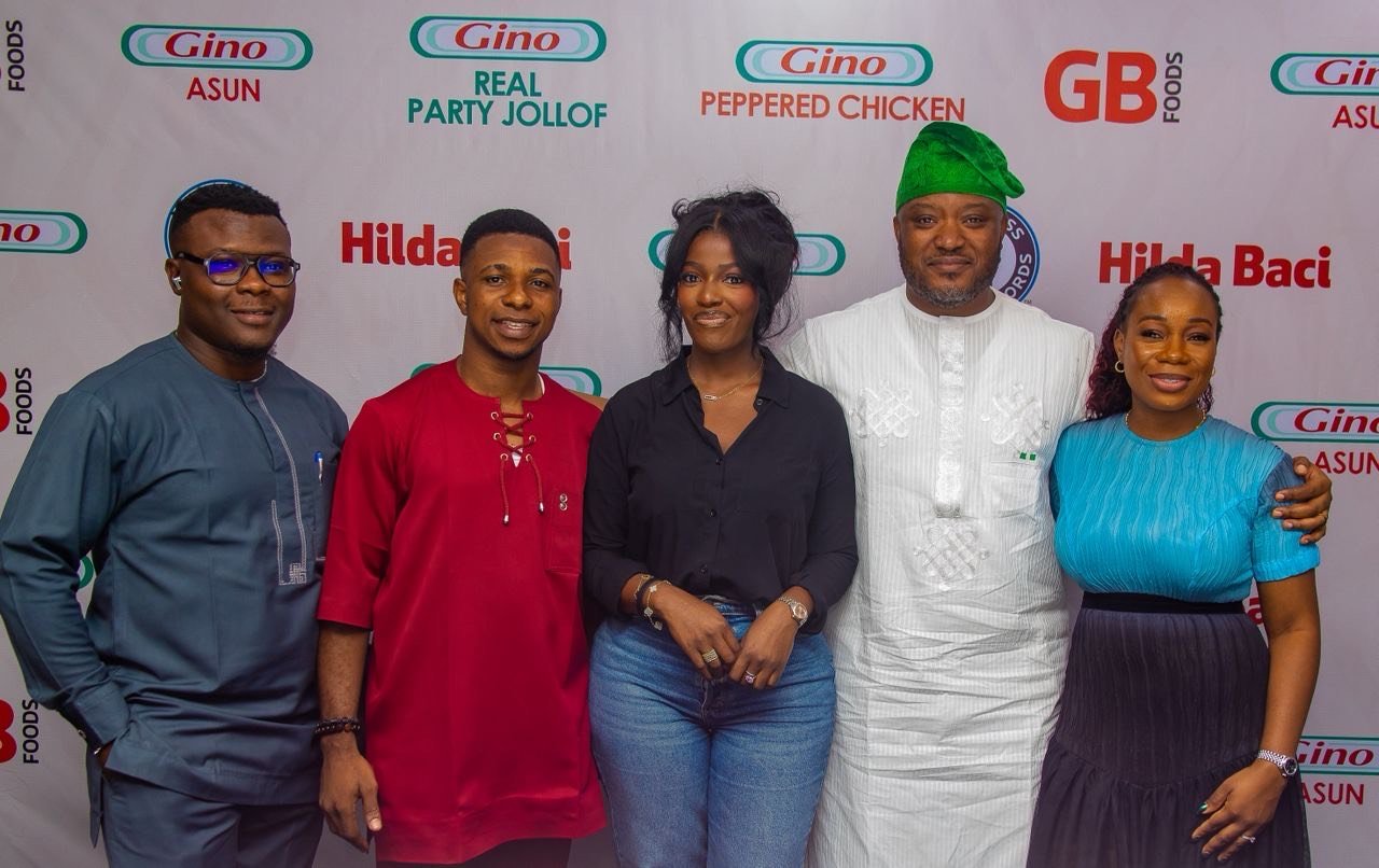L-R Michael Nwughalu - Digital Marketing Lead - GBfoods; Brand Manager - Tomatoes Category - GBfoods, Two times World record Holder and Gino Ambassador; Hilda Baci, Vincent - Managing Director GBfoods, Oreoluwa Atinmo Marketing Director GBfods.