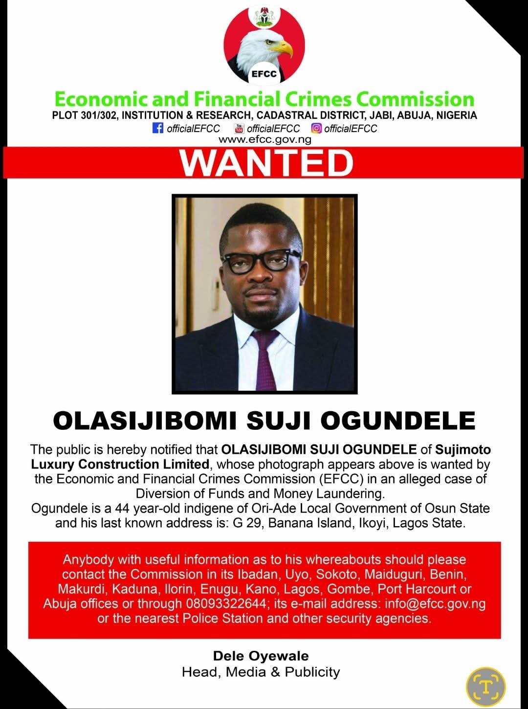 Sujimoto CEO Ogundele declared wanted (Facebook EconomicandFinancialCrimesCommission)