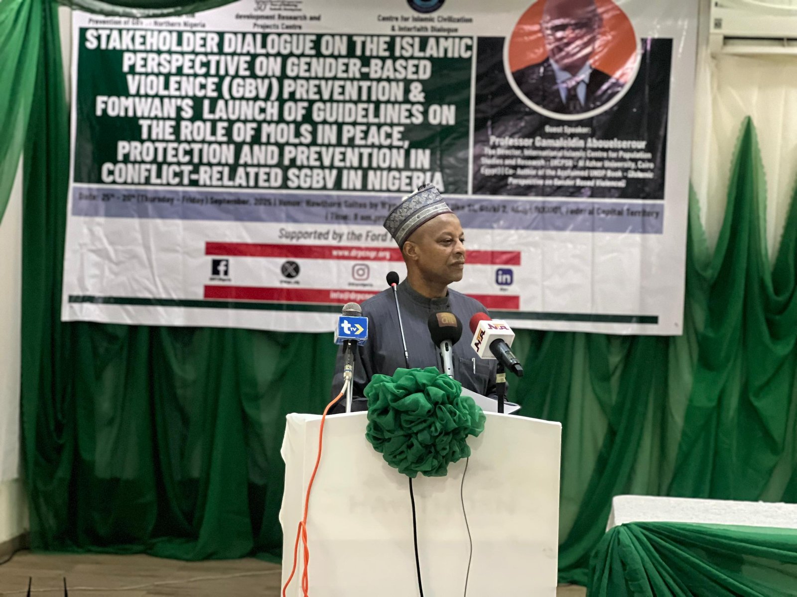 Master of Ceremony introduces the programme, Stakeholder Dialogue on the Islamic Perspective on Gender-Based Violence (GBV) Prevention and FOMWAN Launch of Guidelines on the Role of MOLs in Peace, Protection and Prevention in Conflict-Related SGBV in Nigeria.