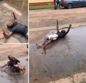 Nigerian Man Rolls In Murky Water to Celebrate After His Wife Welcomed a Baby Boy Following Years of Waiting on God for a Child