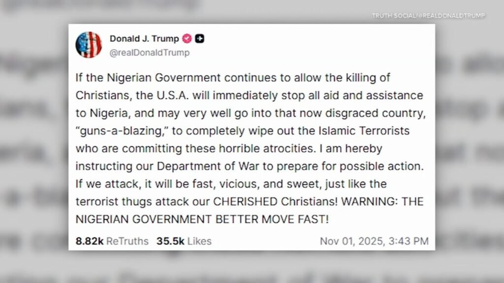 Trump threatens US military action in Nigeria over claims of ‘killing of Christians’
