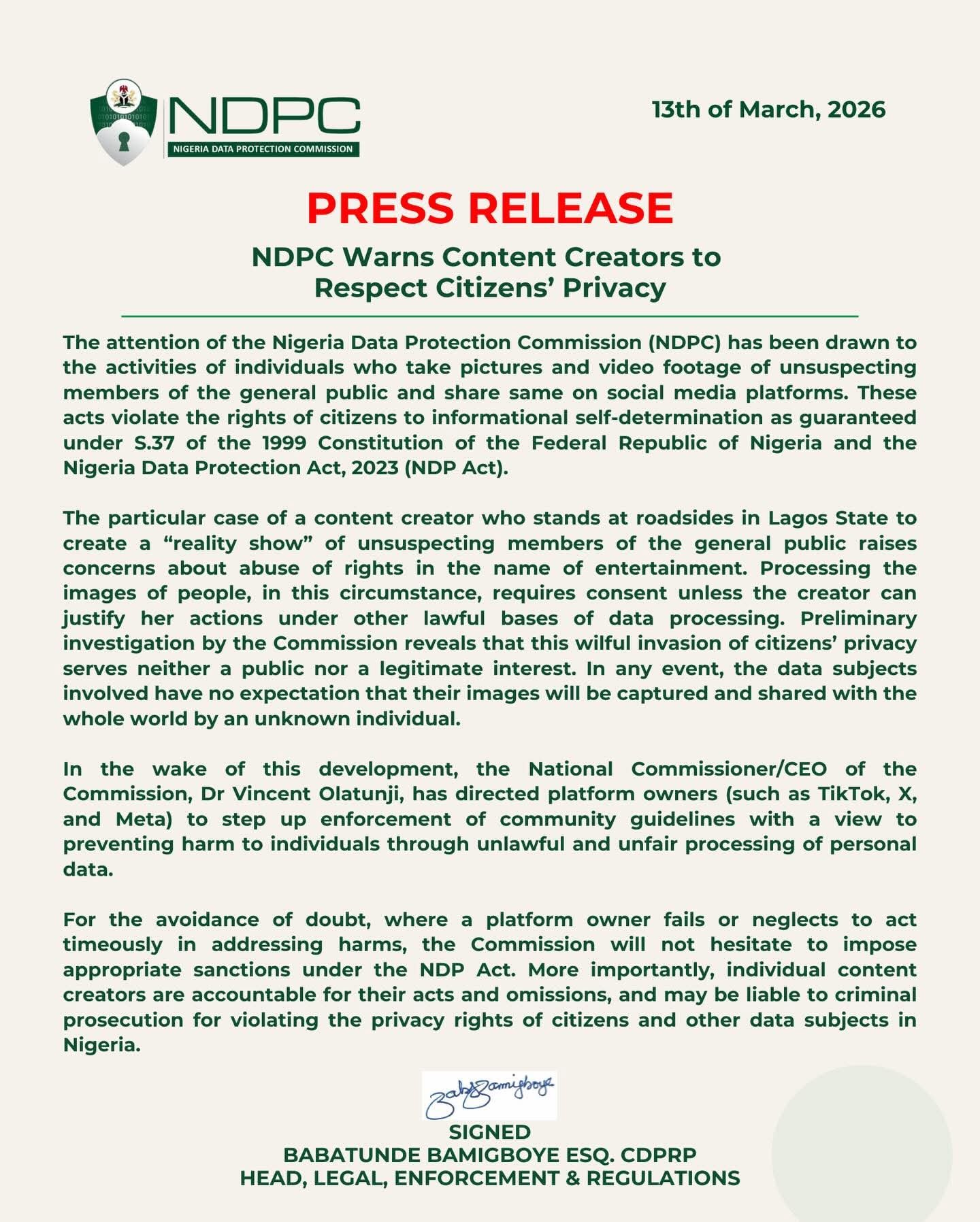 Stop filming Nigerians without consent or face sanctions’