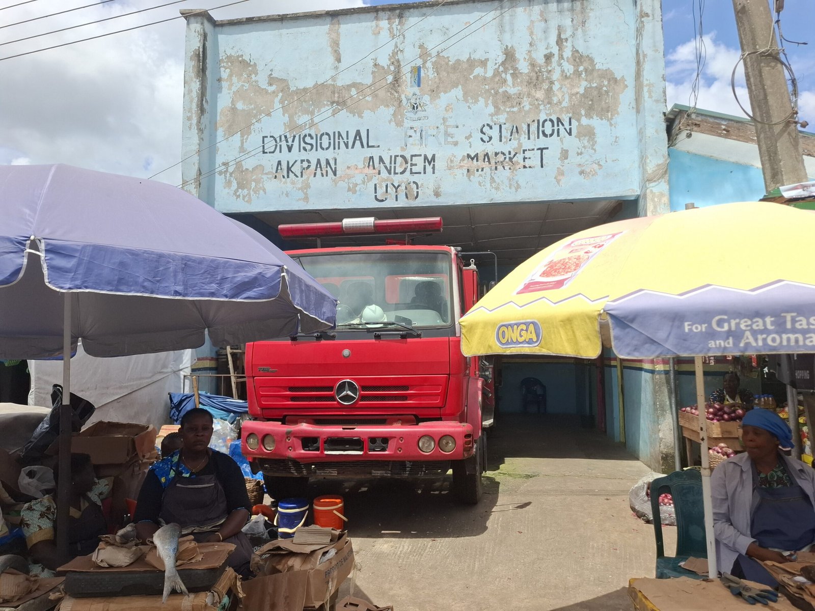 Fire service truck stationed at Akpan Andem Market