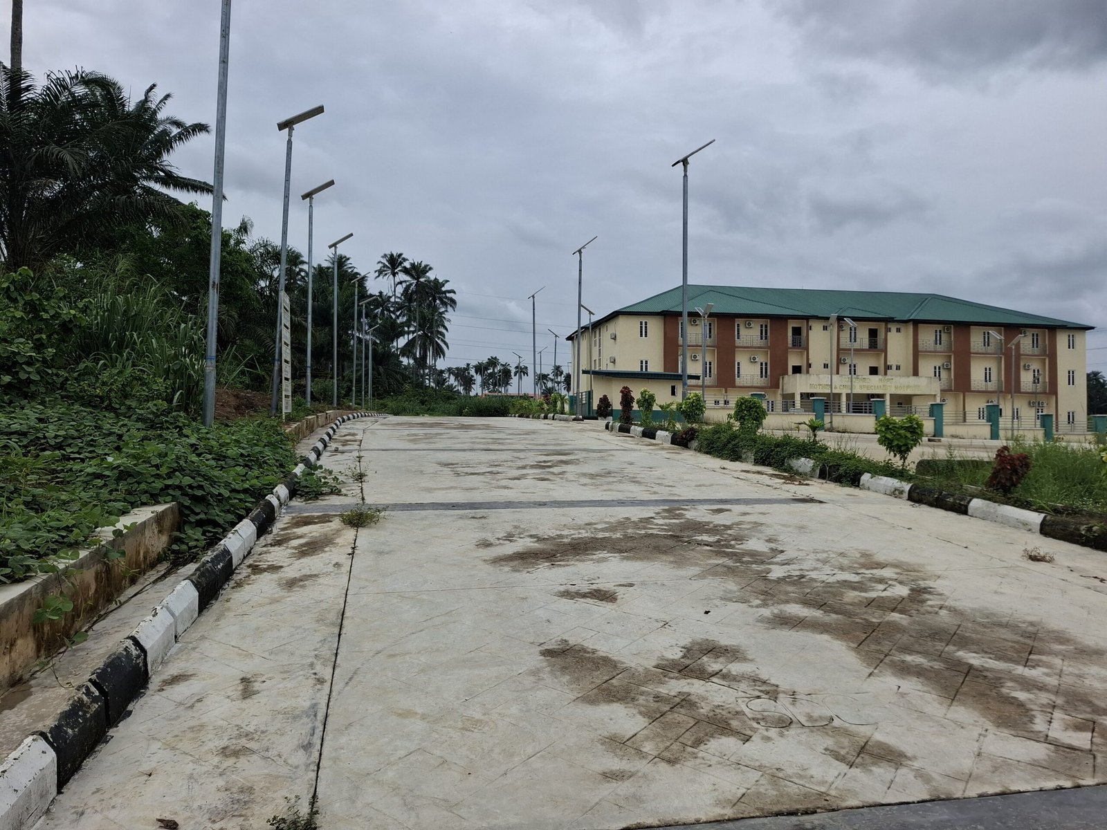 Road leading into the facility adorned with flowers
