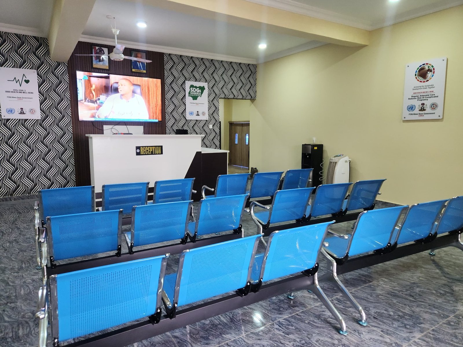 Waiting area inside the hospital with nobody waiting