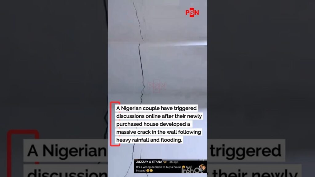 A Nigerian couple has gone viral after flooding left a massive crack in their newly purchased home