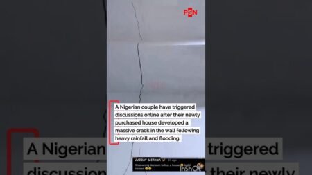A Nigerian couple has gone viral after flooding left a massive crack in their newly purchased home A Nigerian couple has gone viral after flooding left a massive crack in their newly purchased home