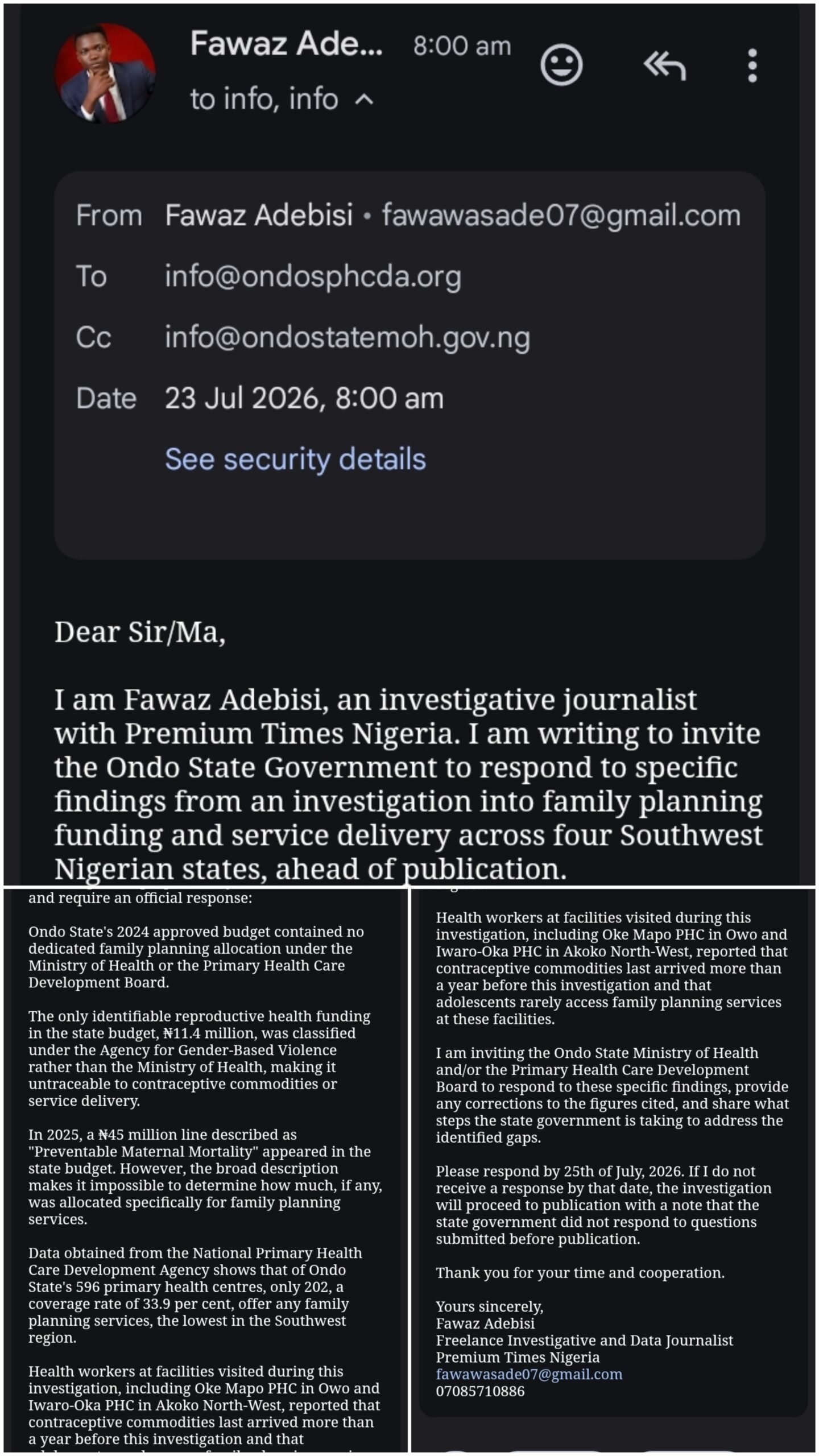 Email sent to the Ondo State Ministry of Health and OSPHCDB requesting official responses before publication. (CREDIT: Fawaz Adebisi)