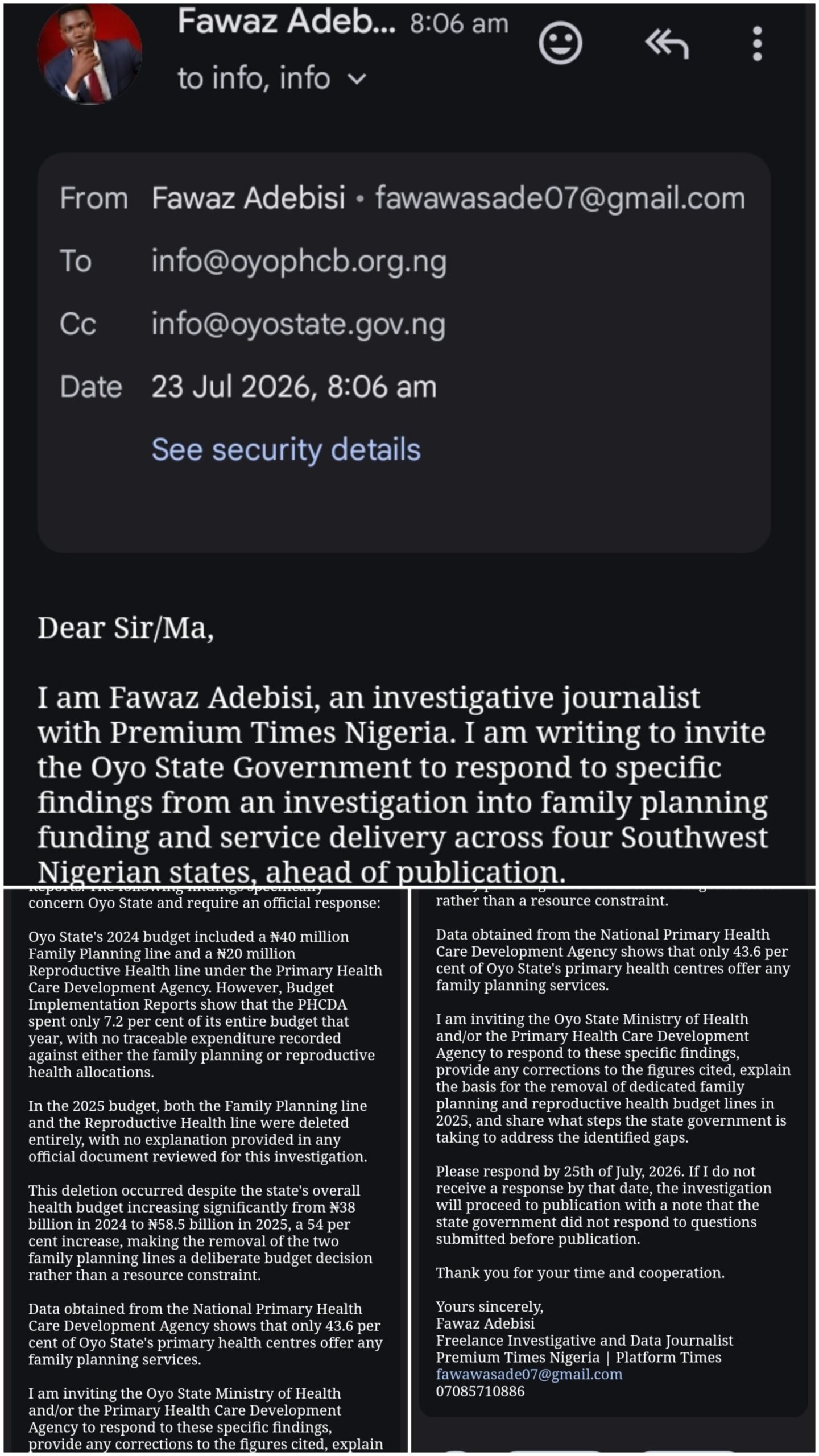 Email sent to the Oyo State Ministry of Health and OYSPHCDA requesting official responses before publication. (CREDIT: Fawaz Adebisi)