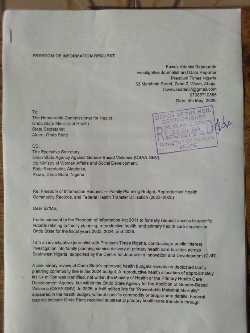 FOI filed with the Ministry of Health, Ondo State. (CREDIT: Fawaz Adebisi)