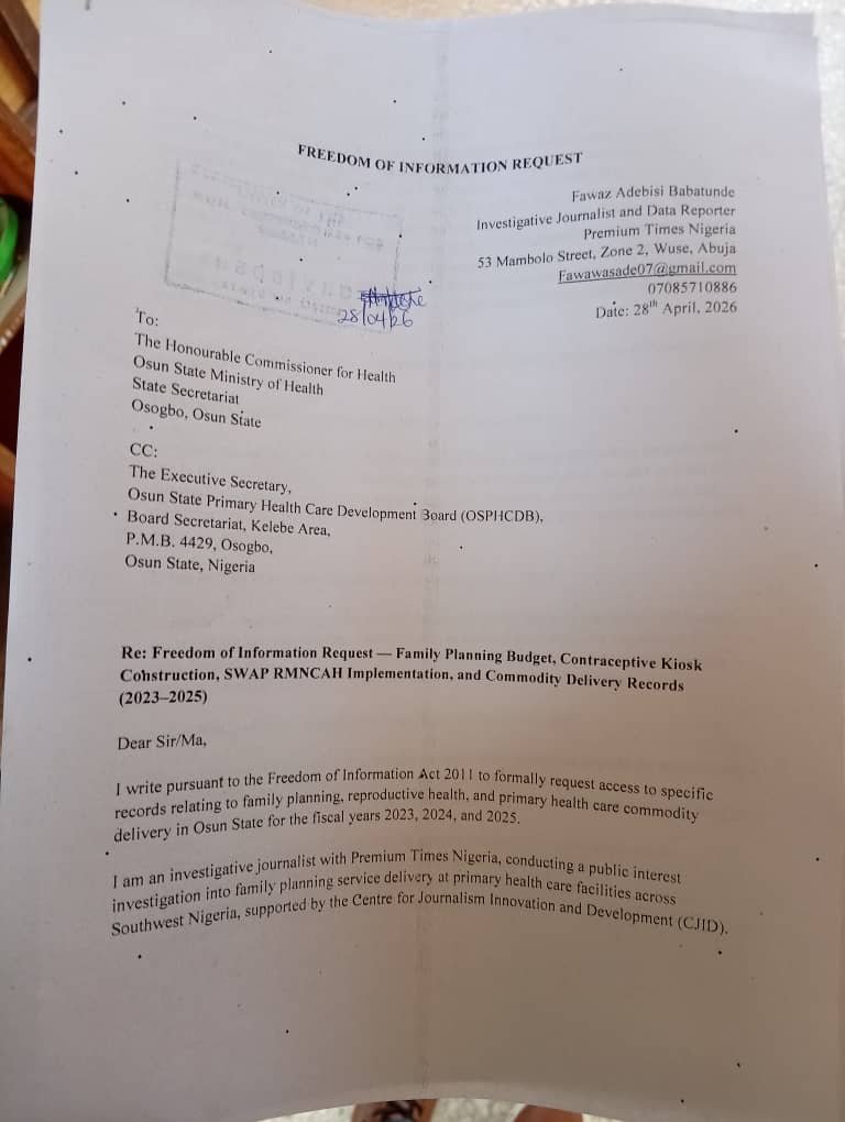 FOI filed with the Ministry of Health, Osun State. (CREDIT: Fawaz Adebisi)