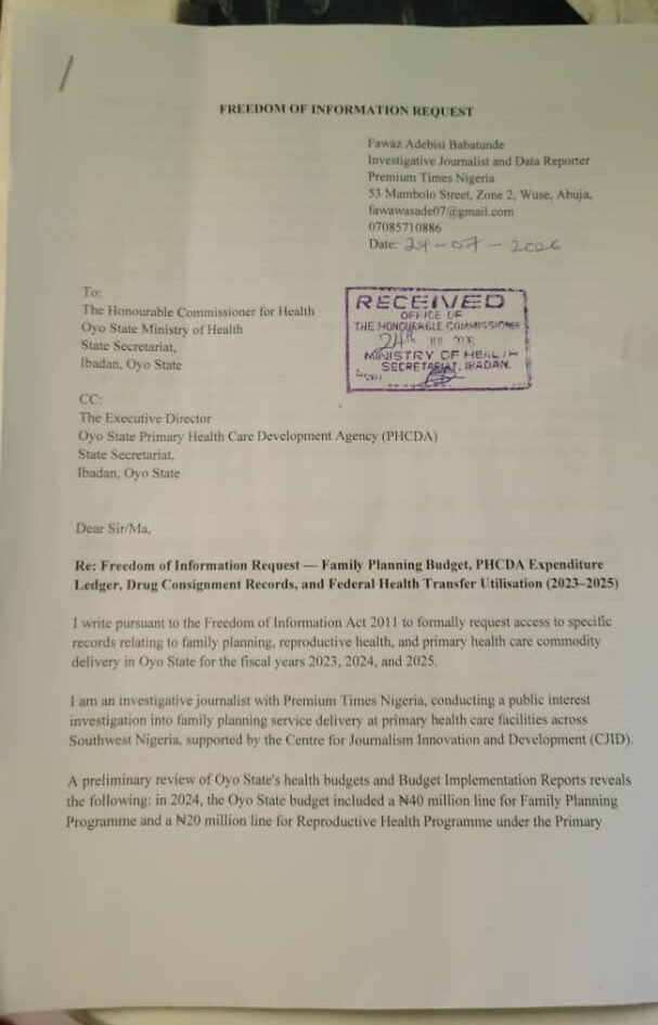 FOI filed with the Ministry of Health, Oyo State. (CREDIT: Fawaz Adebisi)