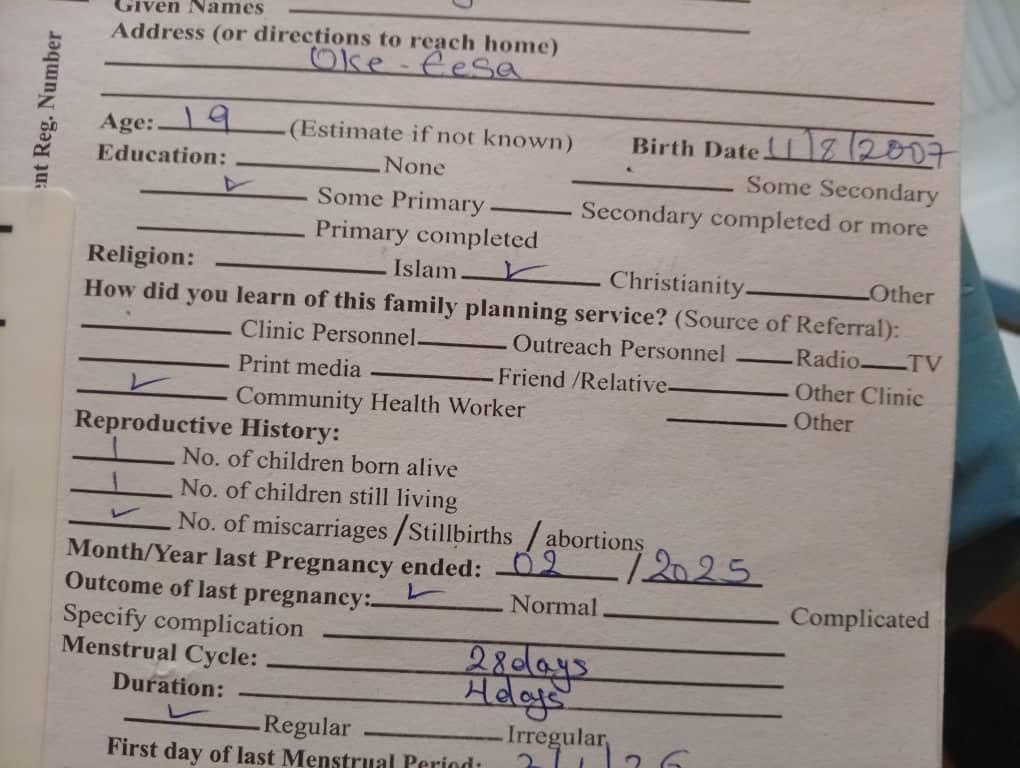 Implanon NXT of a 19-year-old patient registration card at Boripe LGA PHC. (CREDIT: Fawaz Adebisi)