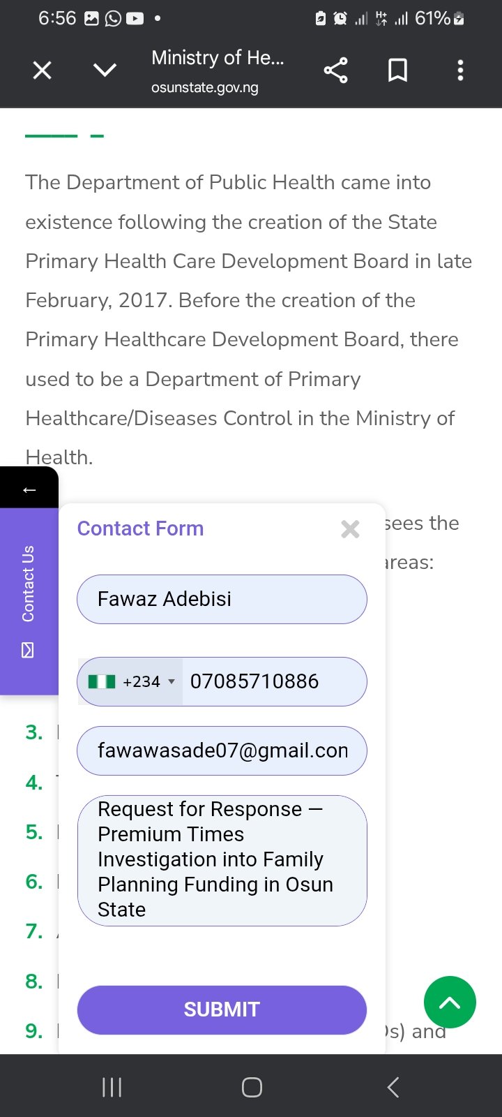 Online request submitted through the Osun State Ministry of Health's official contact portal after attempts to reach the ministry by email proved unsuccessful. (CREDIT: Fawaz Adebisi)