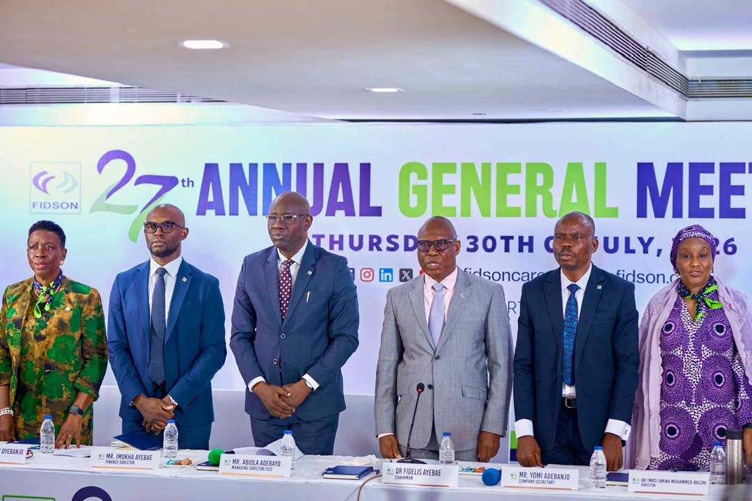 Mrs. Hannah Oyebanjo, Non-Executive Director; Mr. Imokha Ayebae; Finance Director; Mr. Abiola Adebayo, Managing Director/CEO; Dr. Fidelis Ayebae, Chairman; Mr Yomi Adebanjo, Company Secretary and Dr (Mrs) Amina Muhammed-Baloni Non-Executive Director at the 27th Annual General Meeting of Fidson Healthcare Plc which held virtually on July 30, 2026.