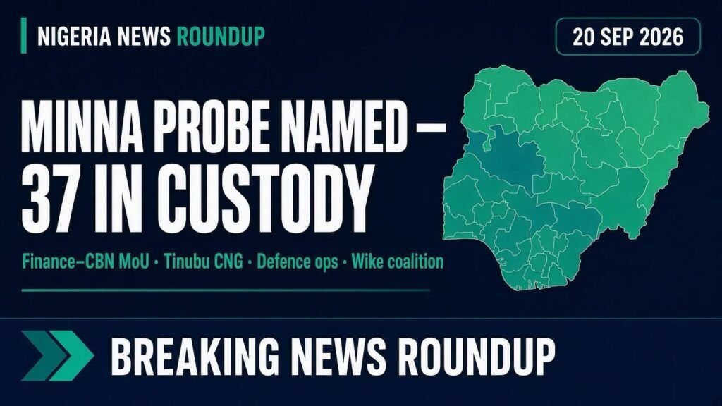 Nigeria News Today 20 Sep 2026: Minna Probe Named, Finance – CBN MoU, Tinubu CNG Push Nigeria News Today 20 Sep 2026: Minna Probe Named, Finance – CBN MoU, Tinubu CNG Push