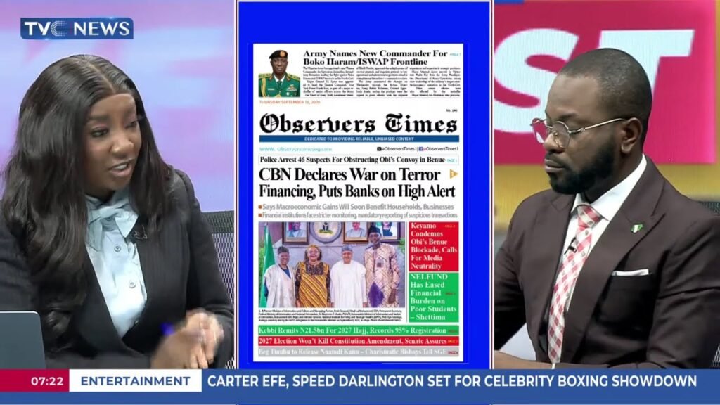 TVC Newspaper Review: CBN Declares War on Terror Financing, Puts Banks on High Alert TVC Newspaper Review: CBN Declares War on Terror Financing, Puts Banks on High Alert